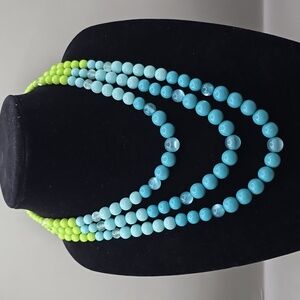 Womens Triple Strand Necklace Aquamarine Ombre Faux Beads Beachy Fashion Jewelry